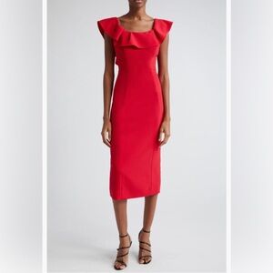 NWT $1990 Carolina Herrera Ruffle Neck Sleeveless Crepe Pencil Dress, CRIMSON!
